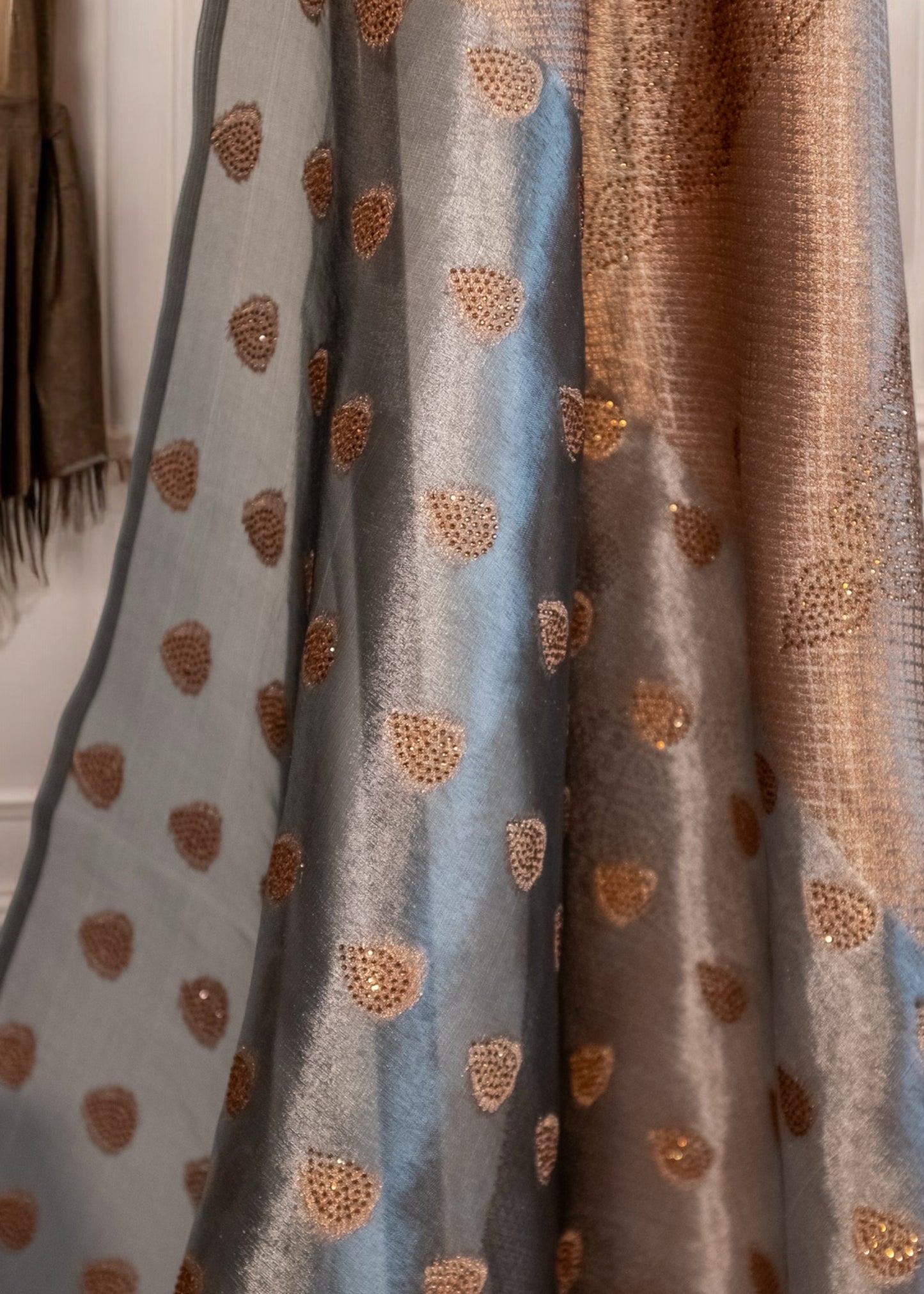 Grey and Gold Glass Tissue Saree