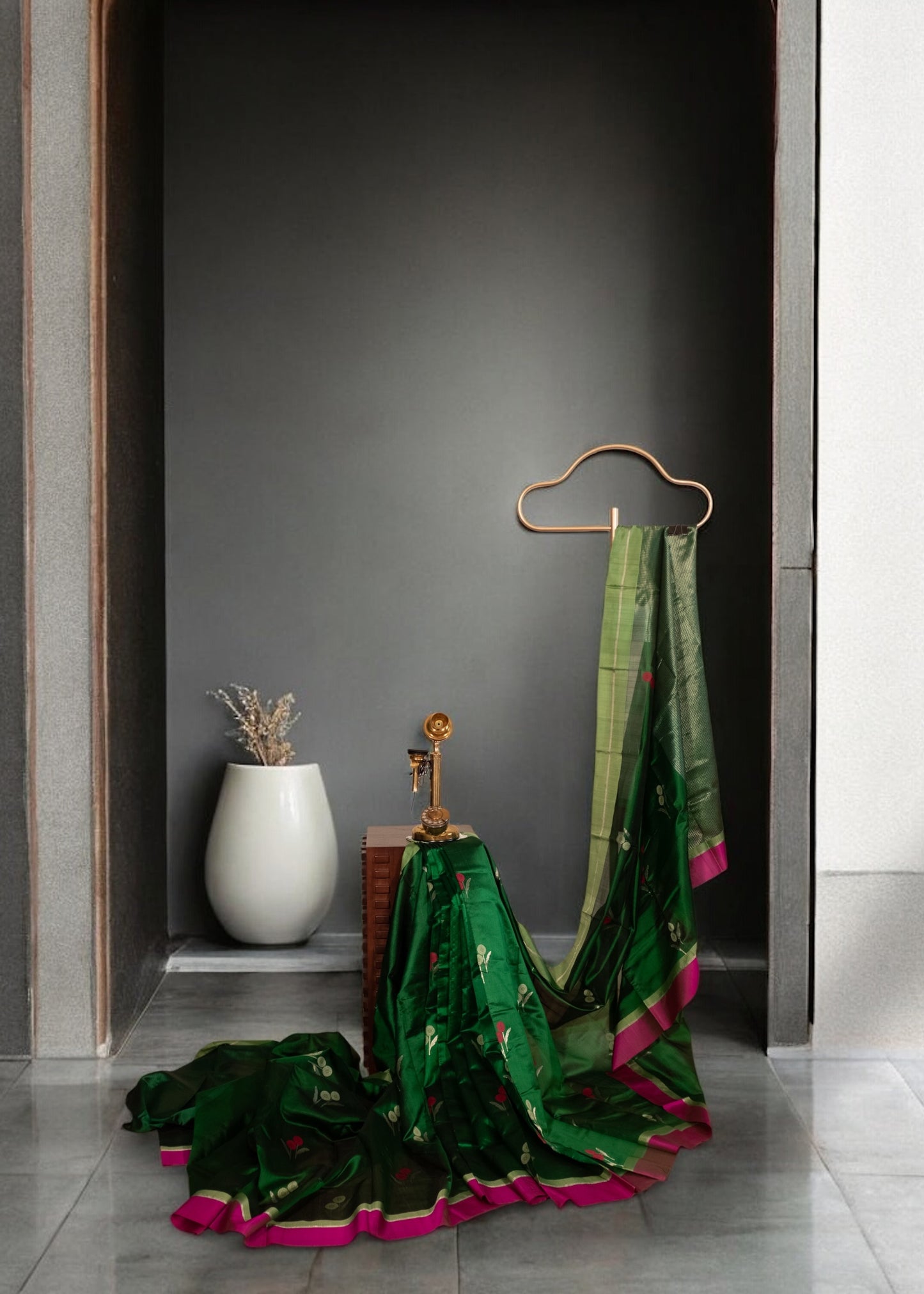 Lustrous Dark Green Floral Motifs Chanderi Soft Silk