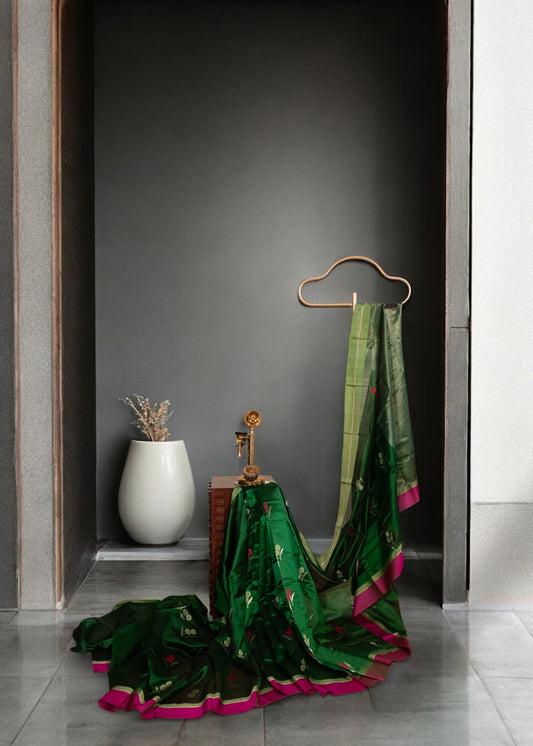 Lustrous Dark Green Floral Motifs Chanderi Soft Silk