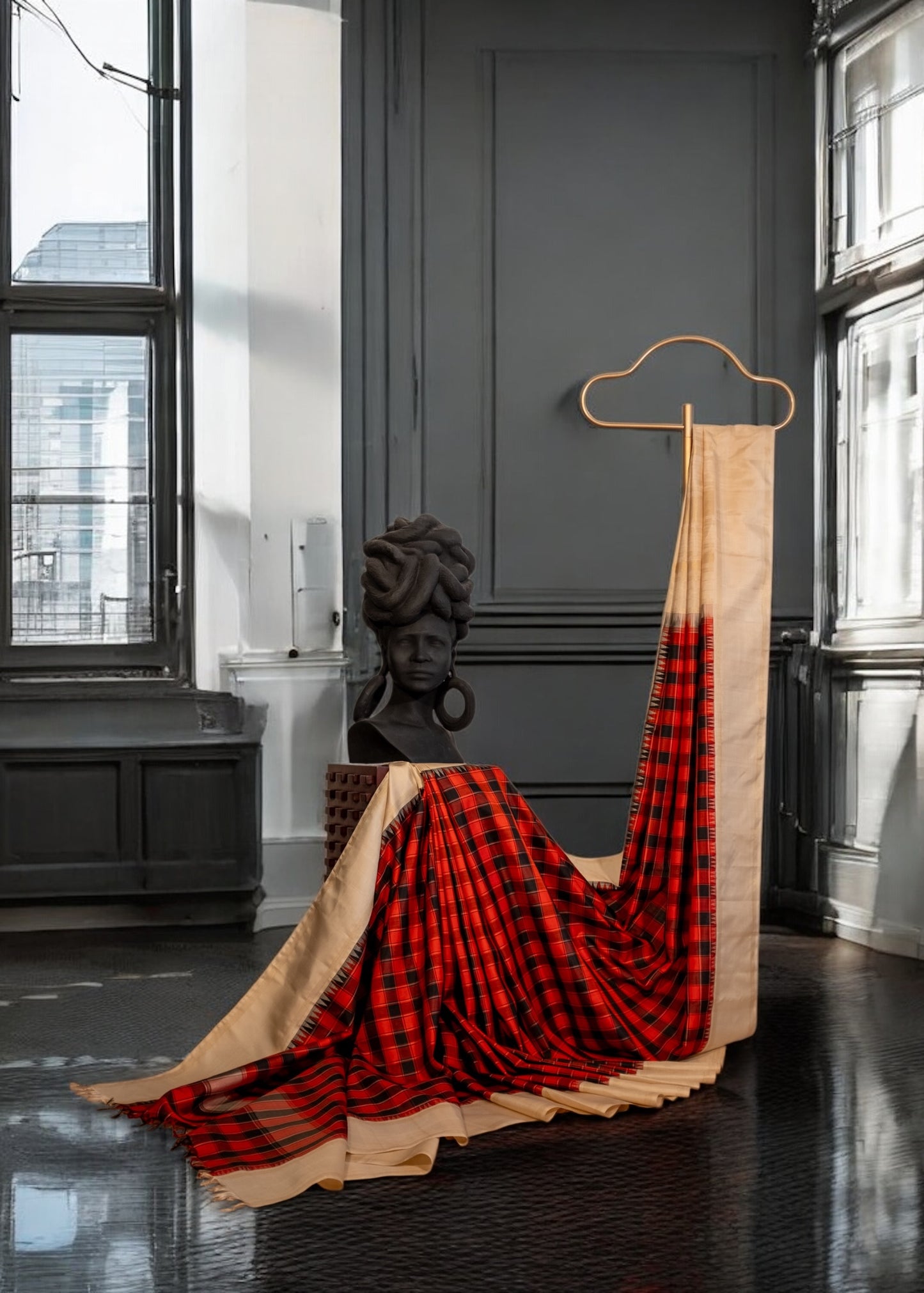 Black and Red Checkered Pure Kanchivaram silk saree