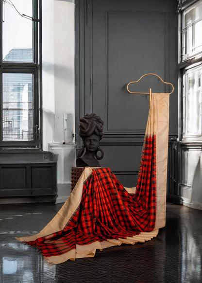 Black and Red Checkered Pure Kanchivaram silk saree