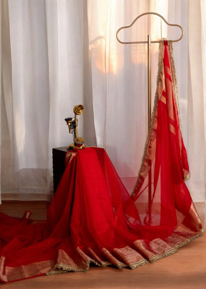 Bright Red Organza Silk Saree