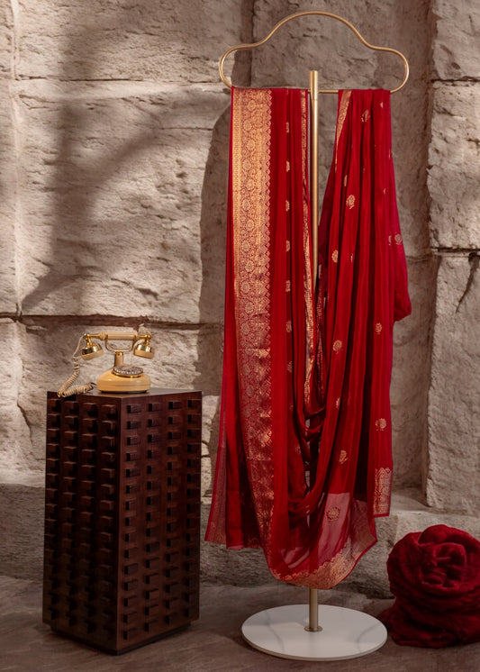 Red Banarasi Viscose Crepe Silk Saree