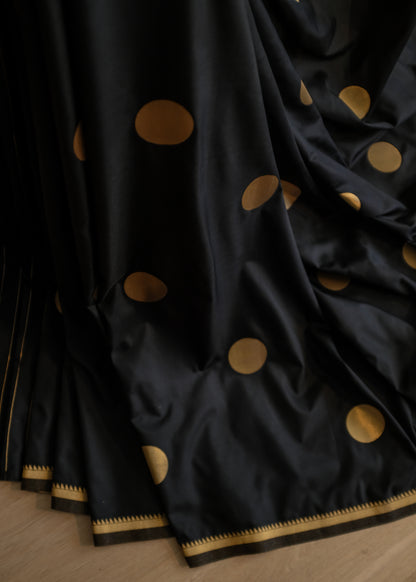 Black Semi Soft Silk - Polka Dot Saree