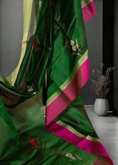 Lustrous Dark Green Floral Motifs Chanderi Soft Silk