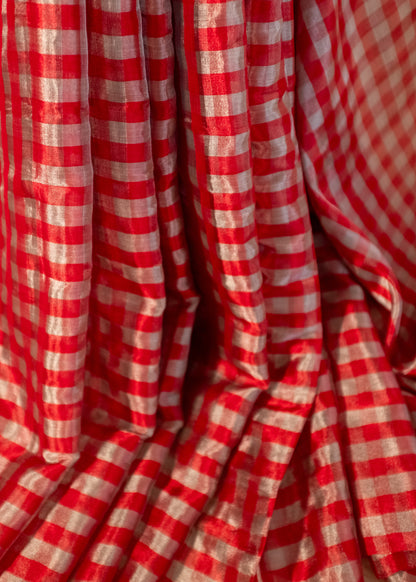 Red & Silver Checkered Pure Chanderi Handloom Tissue Soft Silk Saree