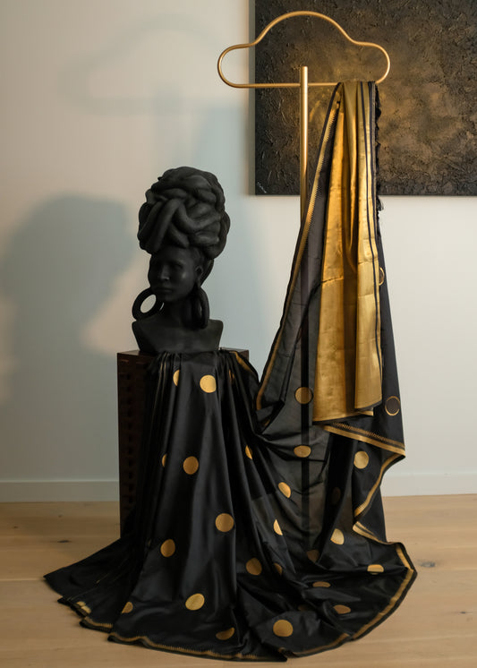Black Semi Soft Silk - Polka Dot Saree