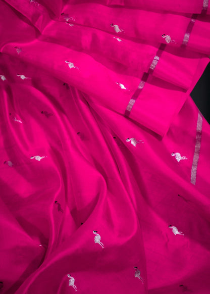 Bright Pink with Bird Motifs Chanderi Soft Silk Saree(handloom)