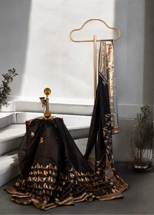Black Chanderi Handloom Soft Silk with Bird Motifs