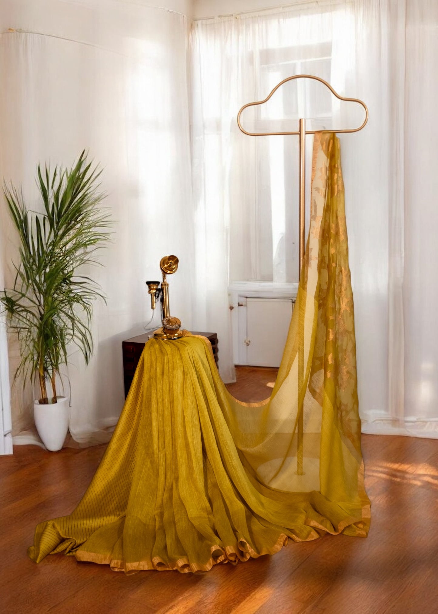 Yellowish green silk linen handwoven jamdani saree