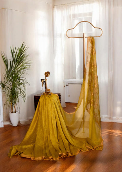 Yellowish green silk linen handwoven jamdani saree