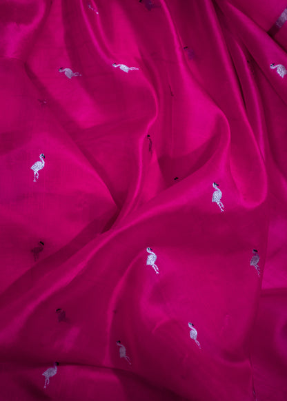 Bright Pink with Bird Motifs Chanderi Soft Silk Saree(handloom)