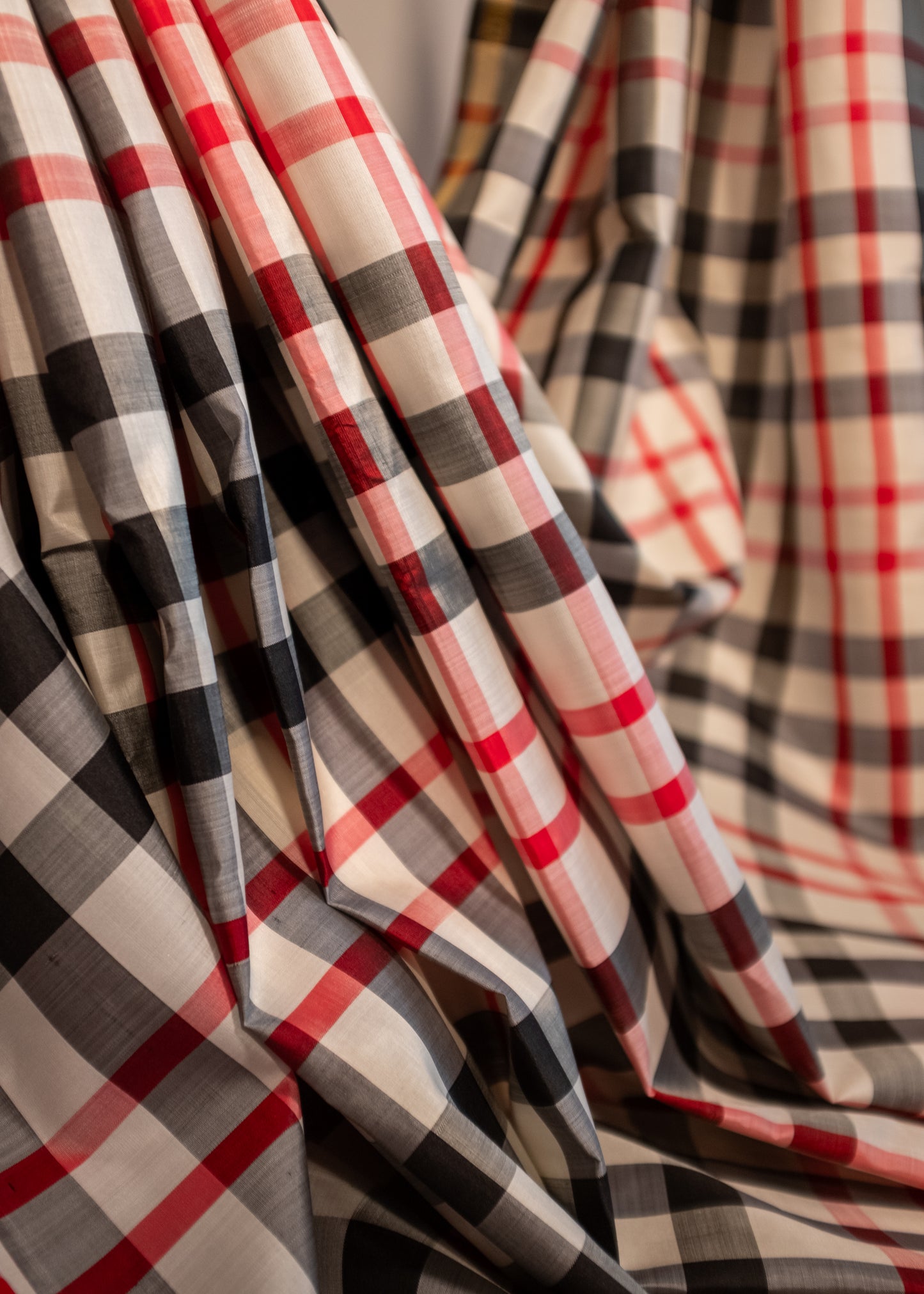 Black/Red/White Statement Checkered Pure Kanchivaram silk saree