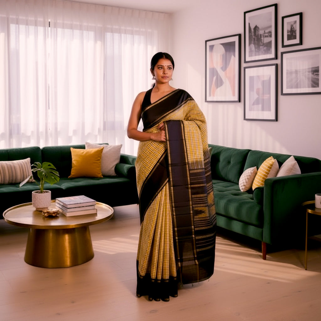 Pure Handloom Kanchivaram Soft Silk Saree - Yellow-Black-Checks