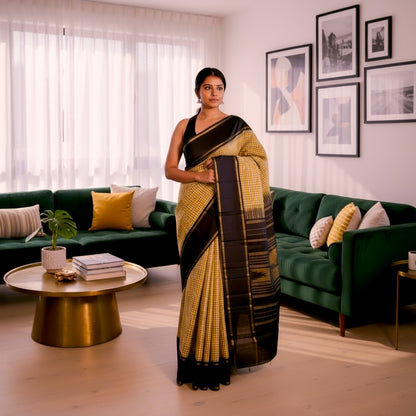 Pure Handloom Kanchivaram Soft Silk Saree - Yellow-Black-Checks