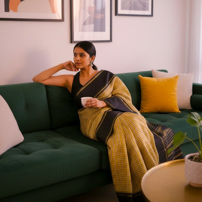 Pure Handloom Kanchivaram Soft Silk Saree - Yellow-Black-Checks