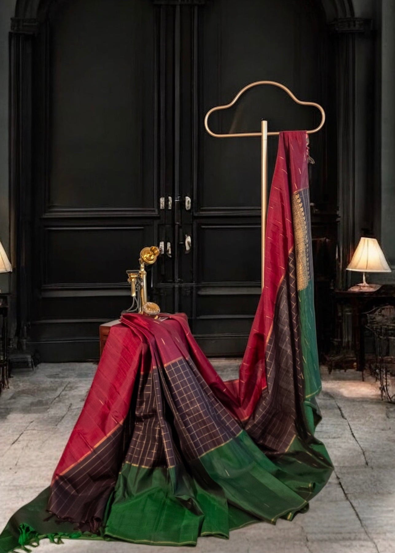 Maroon-Black-Green Pure Kanchivaram Silk Saree