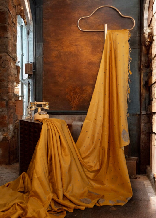 Yellow Butter Silk Saree with Grey Motifs