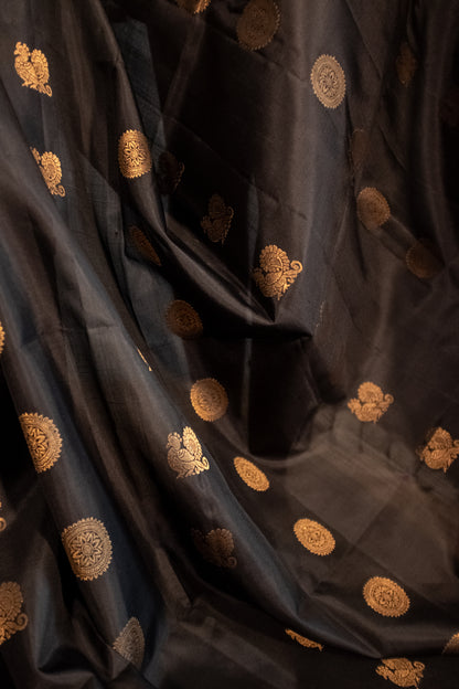 Pure Handloom Kanchivaram Soft Silk Saree - Black with Gold Motfis