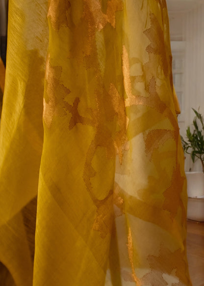 Yellowish green silk linen handwoven jamdani saree
