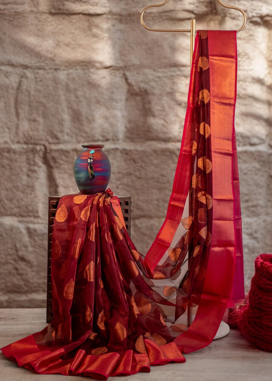 Reddish Maroon Banarasi Organza Silk Saree
