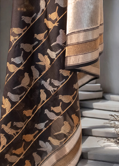 Black Chanderi Handloom Soft Silk with Bird Motifs
