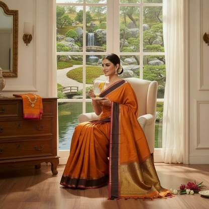 Pure Handloom Kanchivaram Silk Saree - Rust and Black
