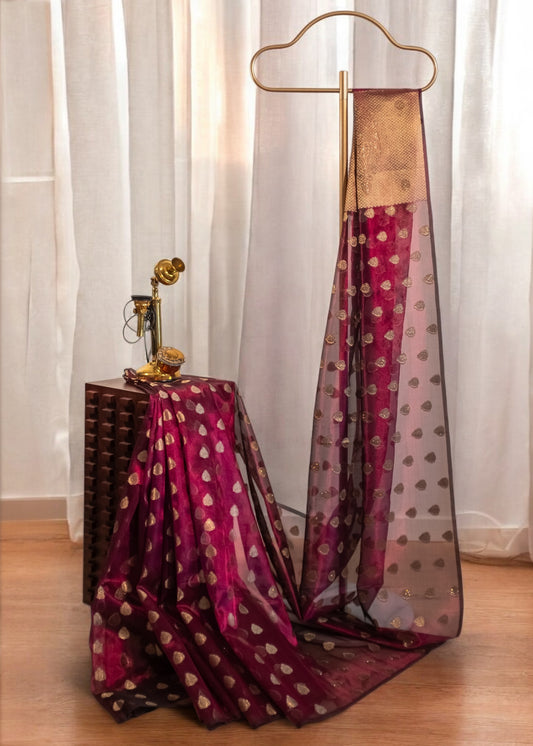 Maroon Glass Tissue Saree with Stone Embellishments