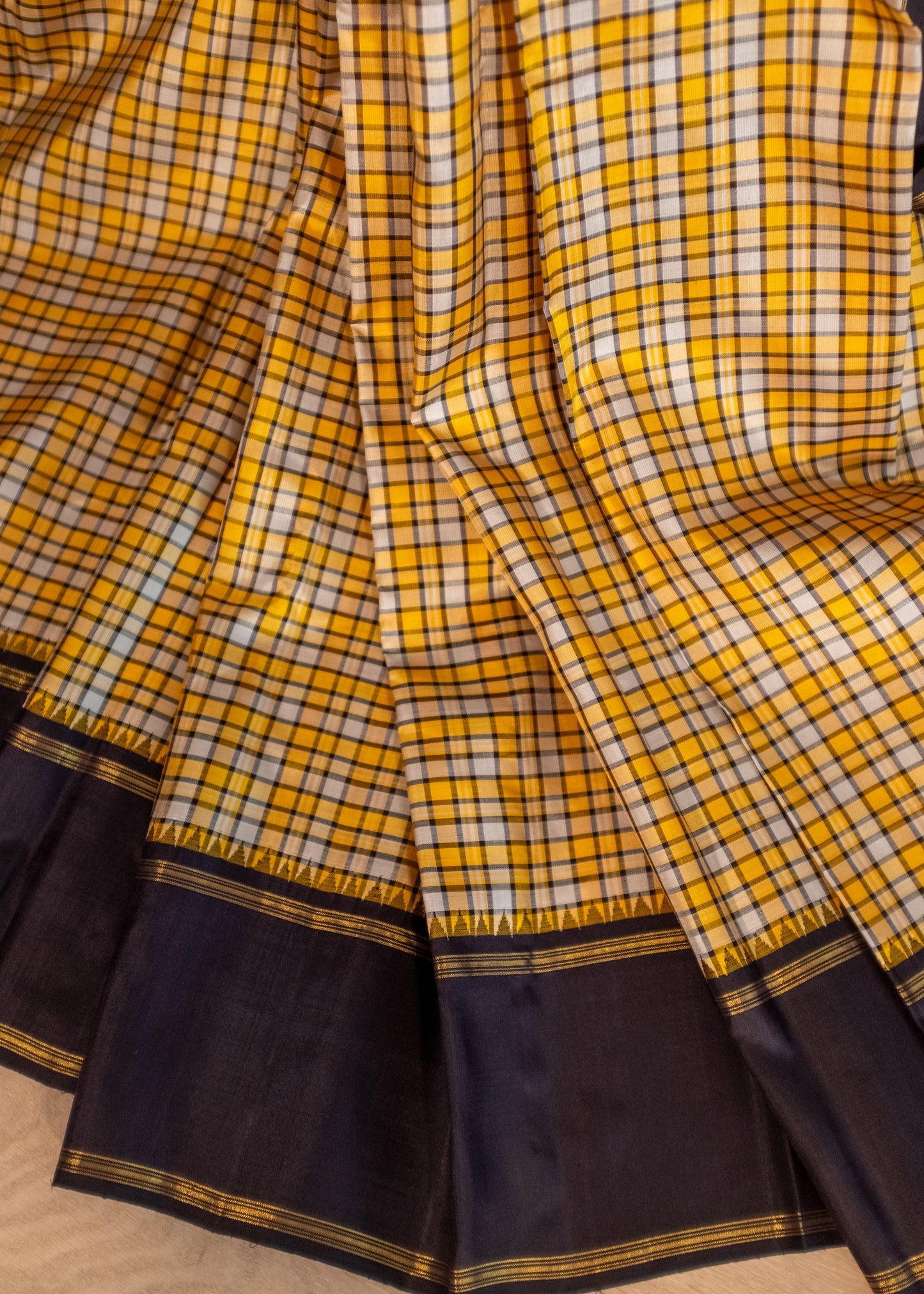 Pure Handloom Kanchivaram Soft Silk Saree - Yellow-Black-Checks