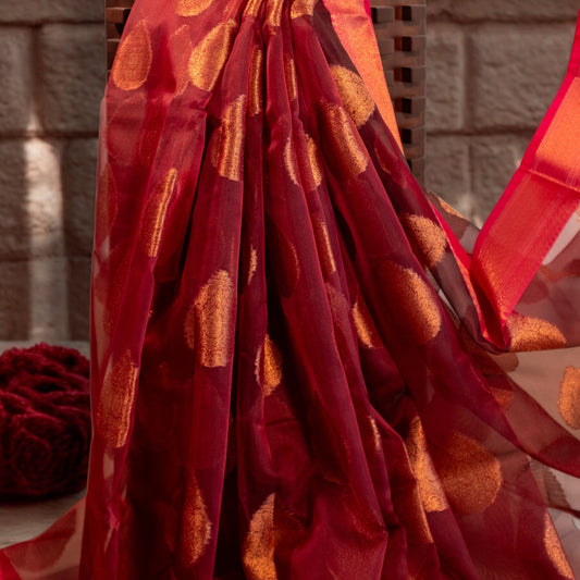 Reddish Maroon Banarasi Organza Silk Saree