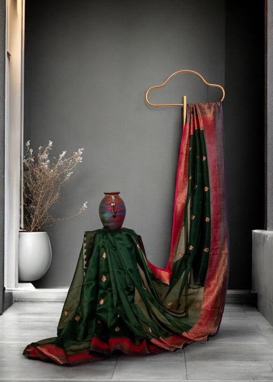 Bottle Green Banarasi Organza Silk Saree(handloom)