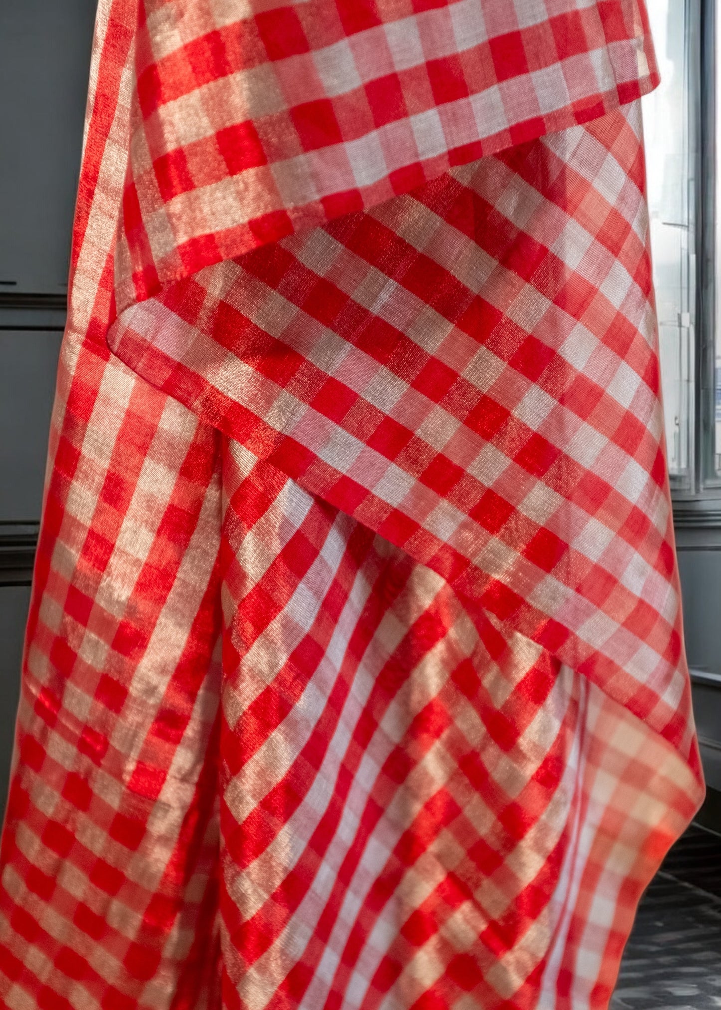Red & Silver Checkered Pure Chanderi Handloom Tissue Soft Silk Saree
