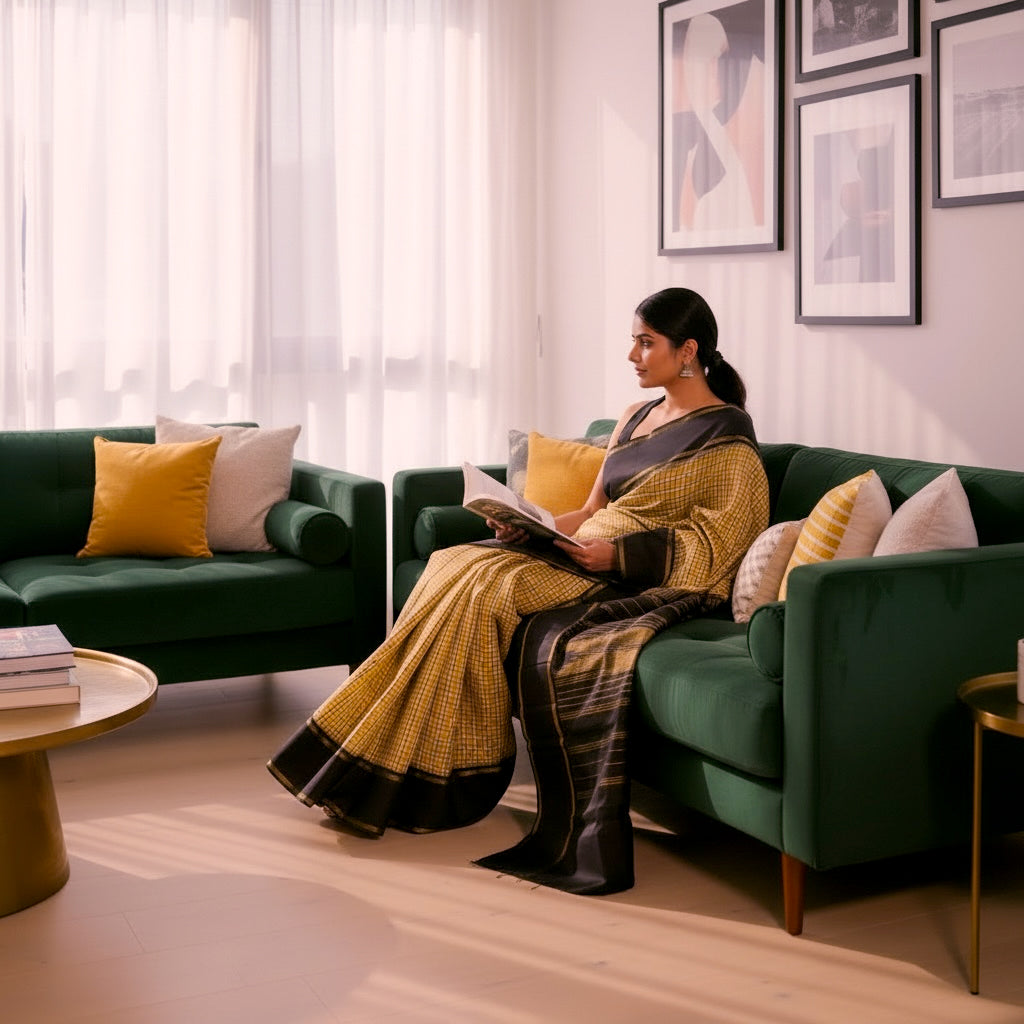 Pure Handloom Kanchivaram Soft Silk Saree - Yellow-Black-Checks