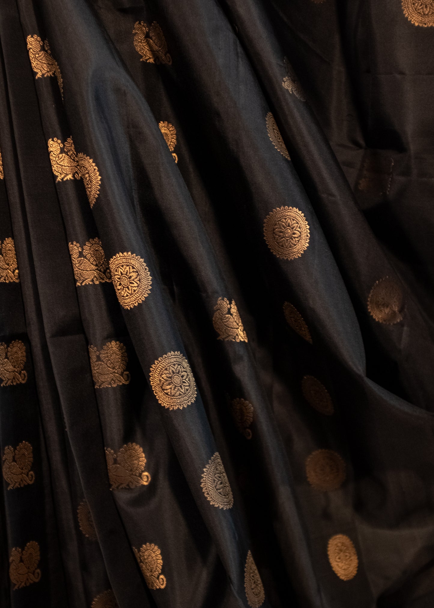 Pure Handloom Kanchivaram Soft Silk Saree - Black with Gold Motfis
