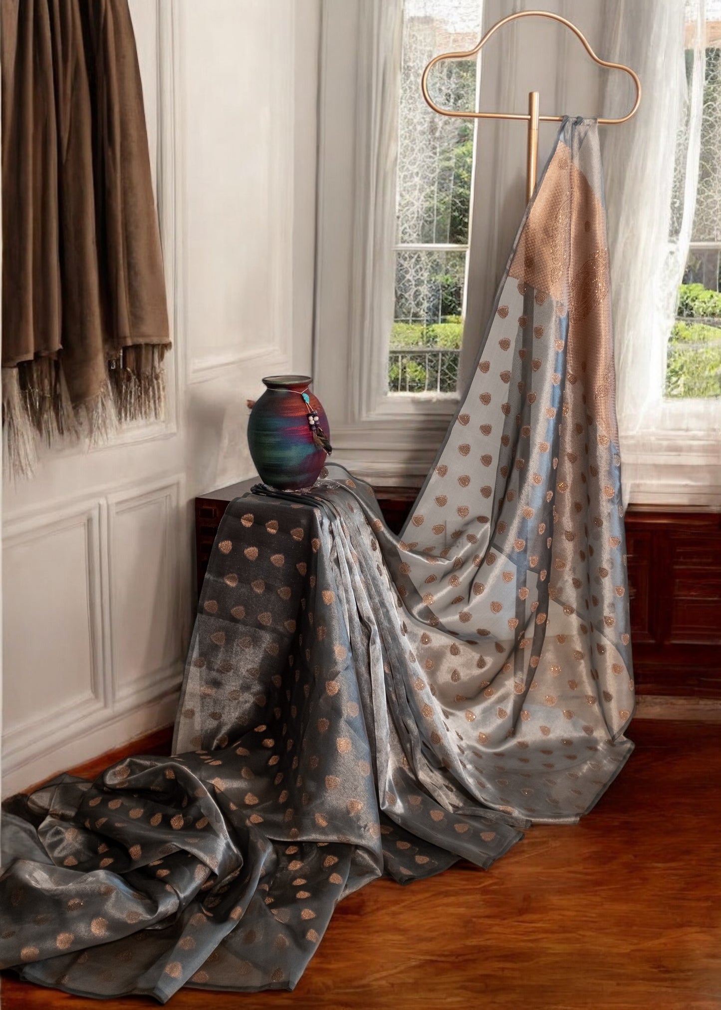 Grey and Gold Glass Tissue Saree