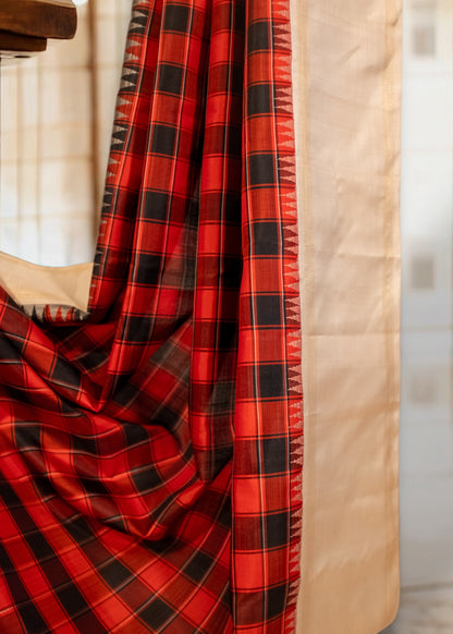 Black and Red Checkered Pure Kanchivaram silk saree