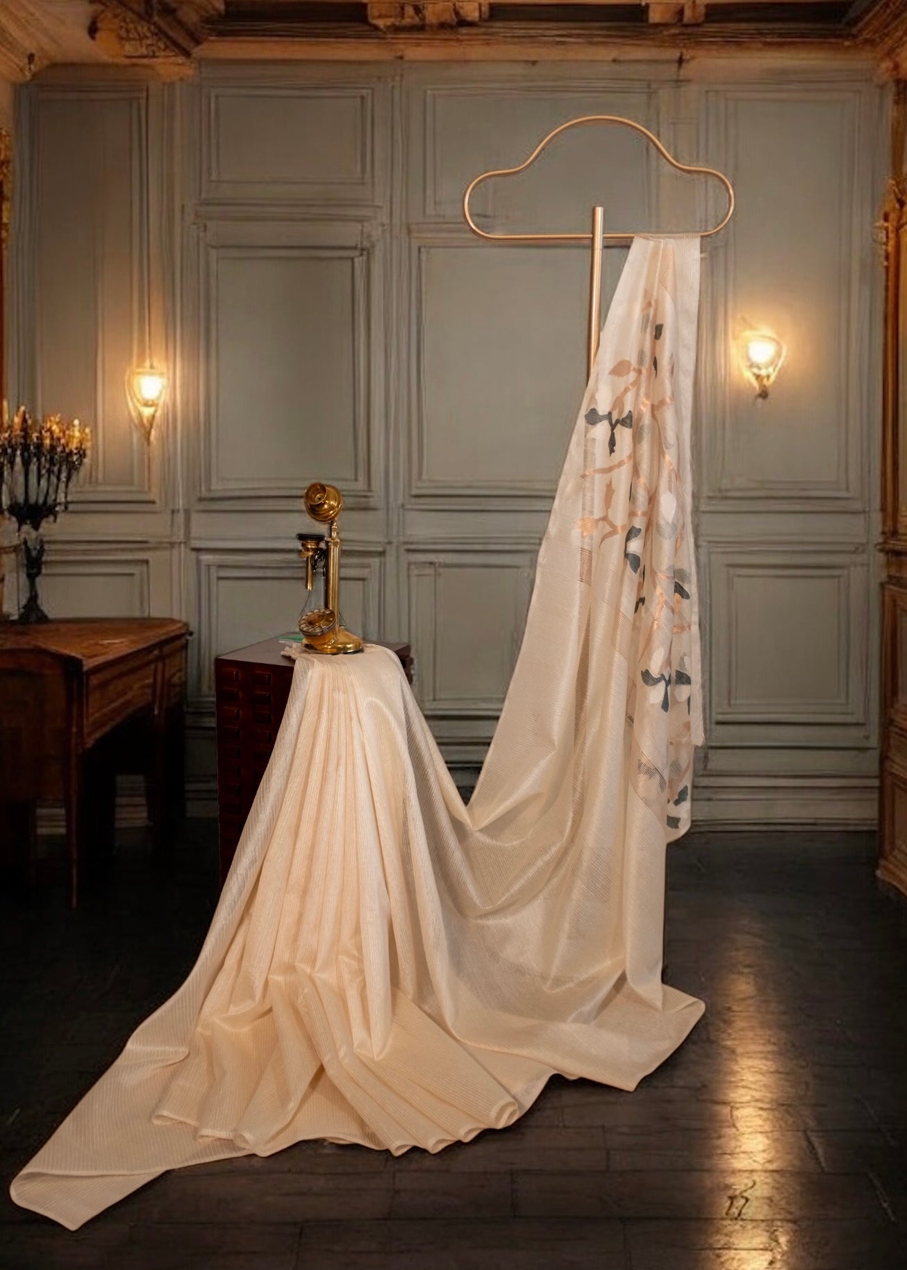 Pure Handwoven Jamdhani Tussar Silk with floral design pallu