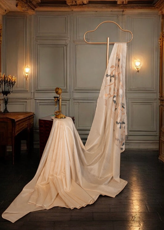 Pure Handwoven Jamdhani Tussar Silk with floral design pallu