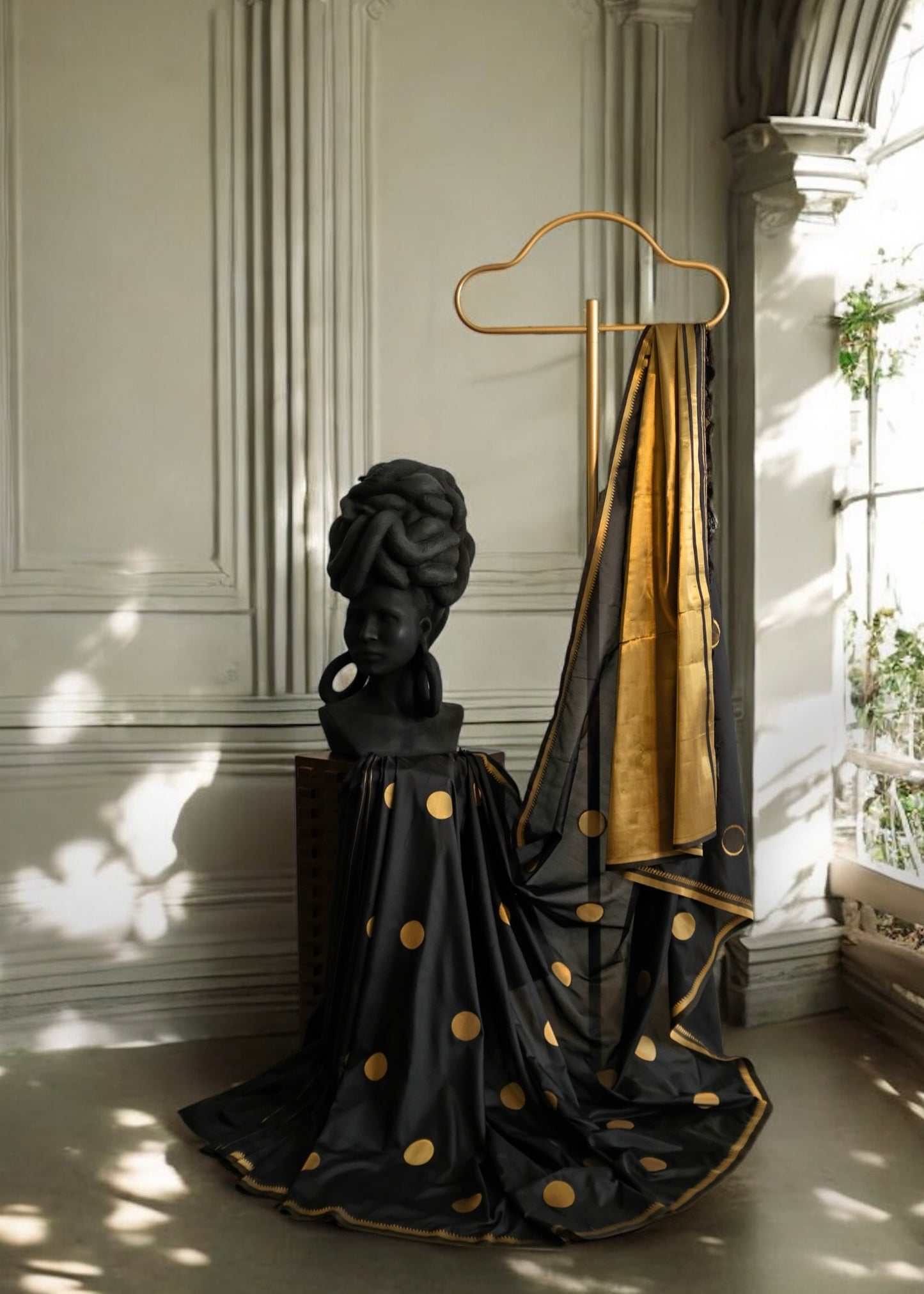 Black Semi Katan Silk - Polka Dot Saree