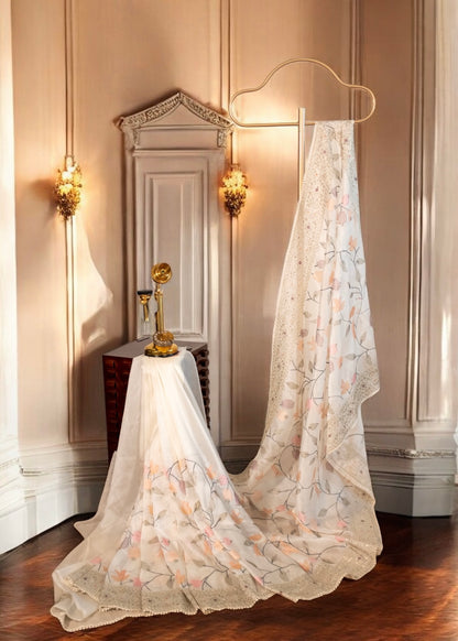 White Embroidered Tissue Organza Saree