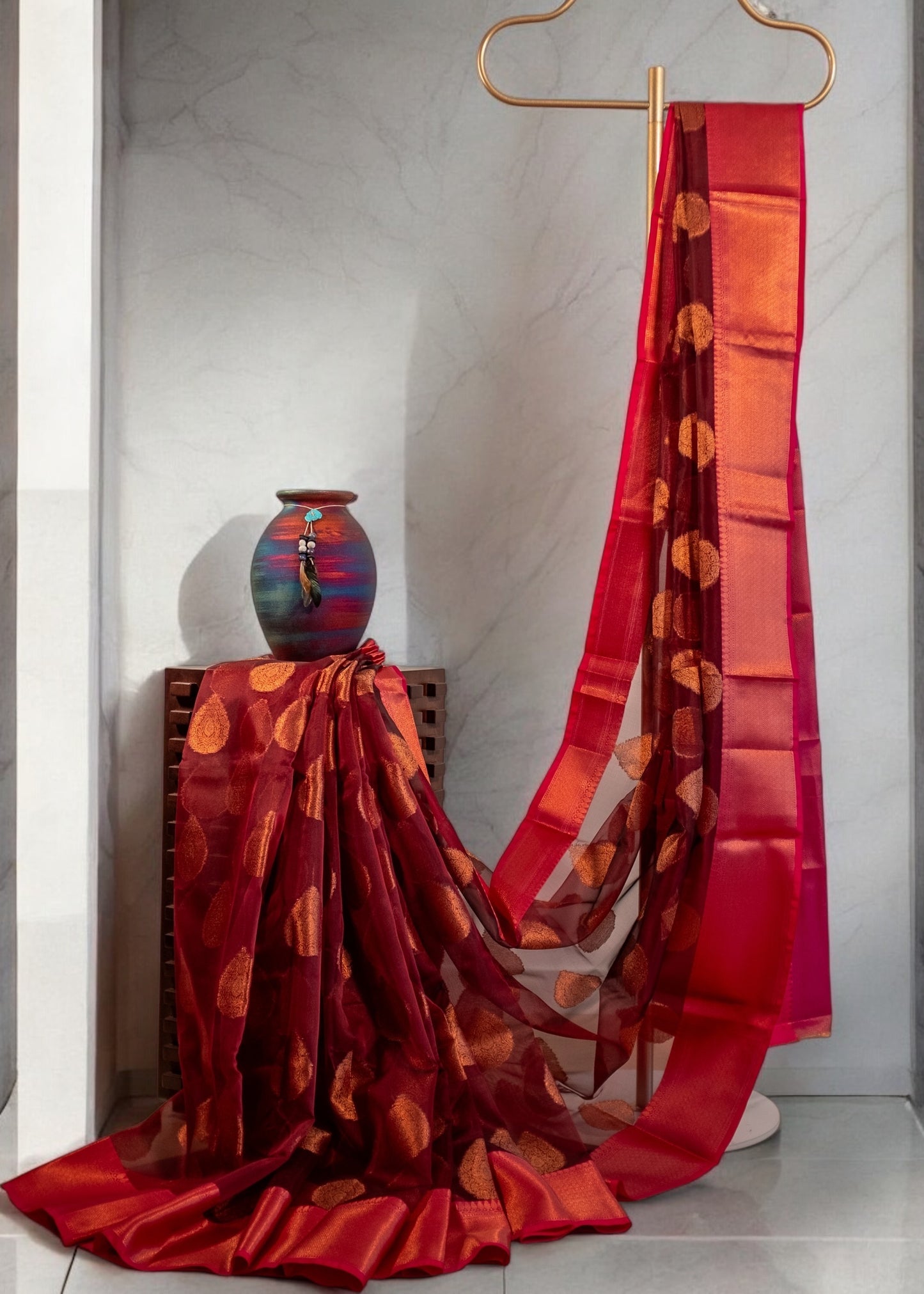 Reddish Maroon Banarasi Organza Silk Saree