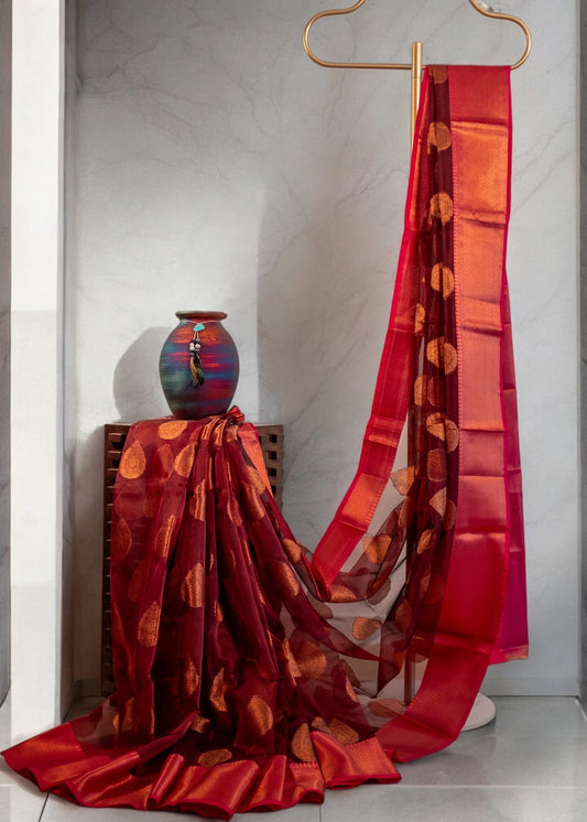 Reddish Maroon Banarasi Organza Silk Saree