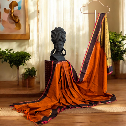 Pure Handloom Kanchivaram Silk Saree - Rust and Black