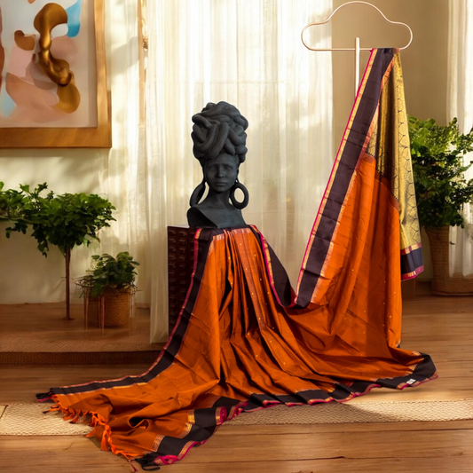Pure Handloom Kanchivaram Silk Saree - Rust and Black