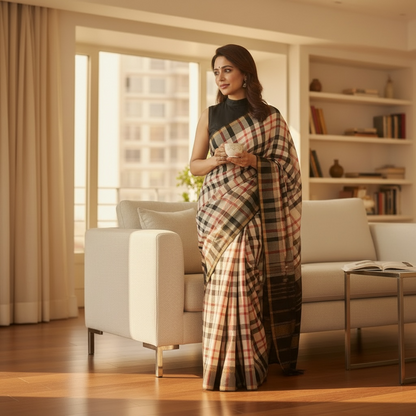 Pure Handloom Kanchivaram Silk Saree - Black-White-Red Checks