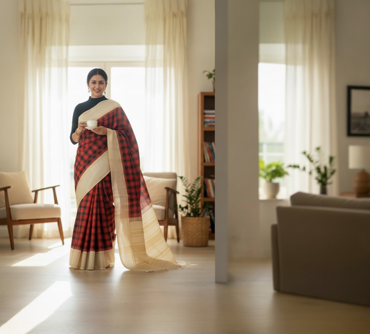 Pure Handloom Kanchivaram Silk Saree - Black and Red checkered