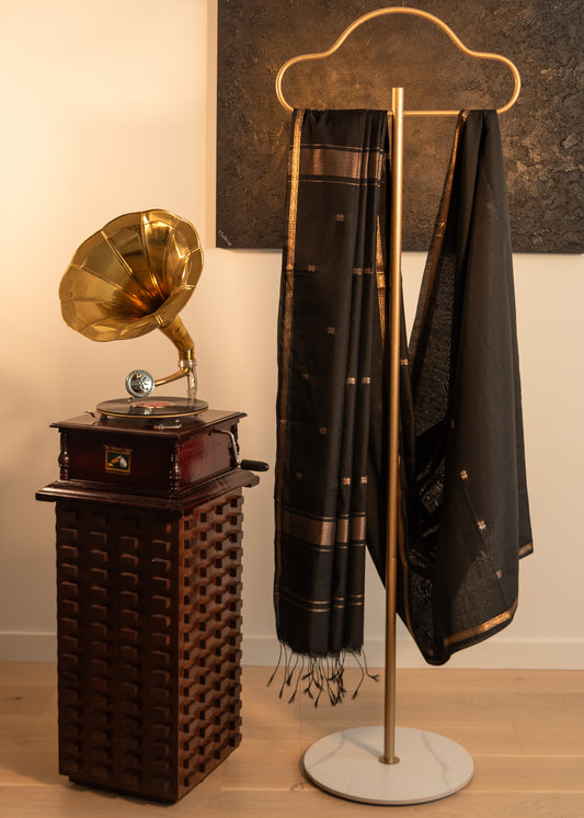 Black with Gold Motifs Maheshwari Silk Cotton Saree